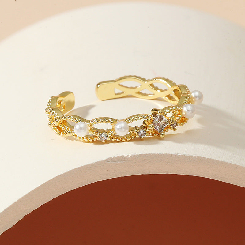 Womens Adjustable Copper Ring With Zircon Inlay Geometric Pearl Open Band Golden Design Lightweight Light Feel