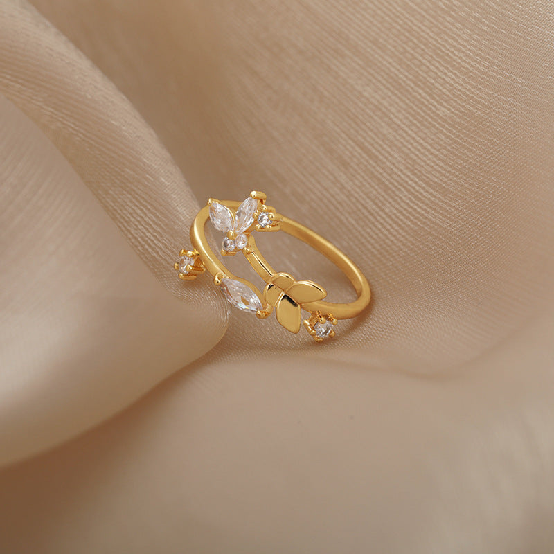 Womens Adjustable Flower Ring Zircon Gold Inlaid Copper