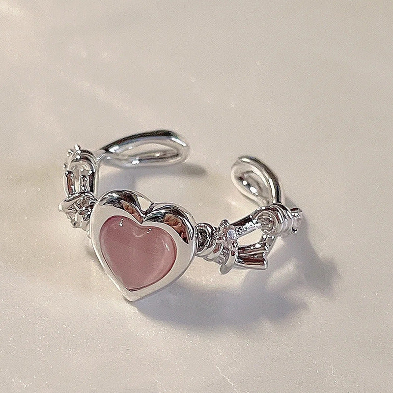 Womens Heart Ring Adjustable Open Design Alloy Band Diamond Inlay For Wedding Anniversary Birthday Gifts Heart