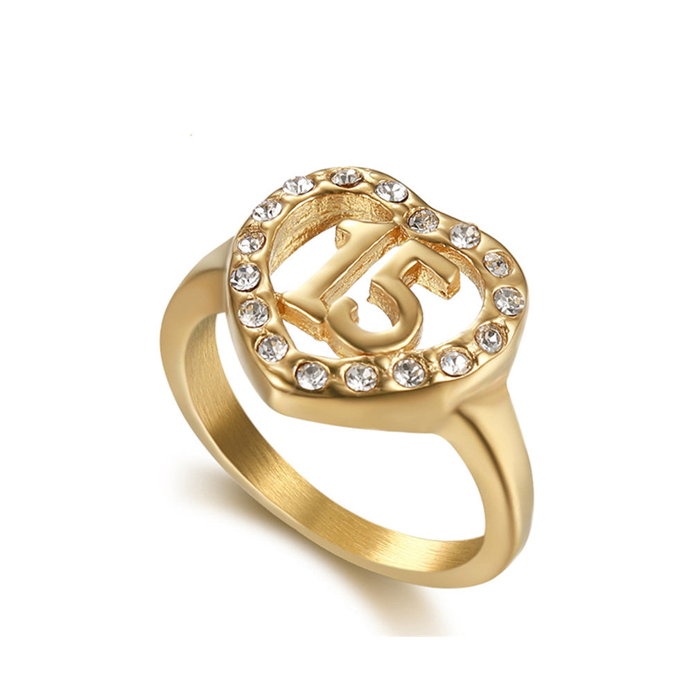 Womens Love Heart Ring Number 15 Gold Titanium Steel Ring Heart Shaped Ring for Women Anniversary Gift Number Ring Fashion Jewelry