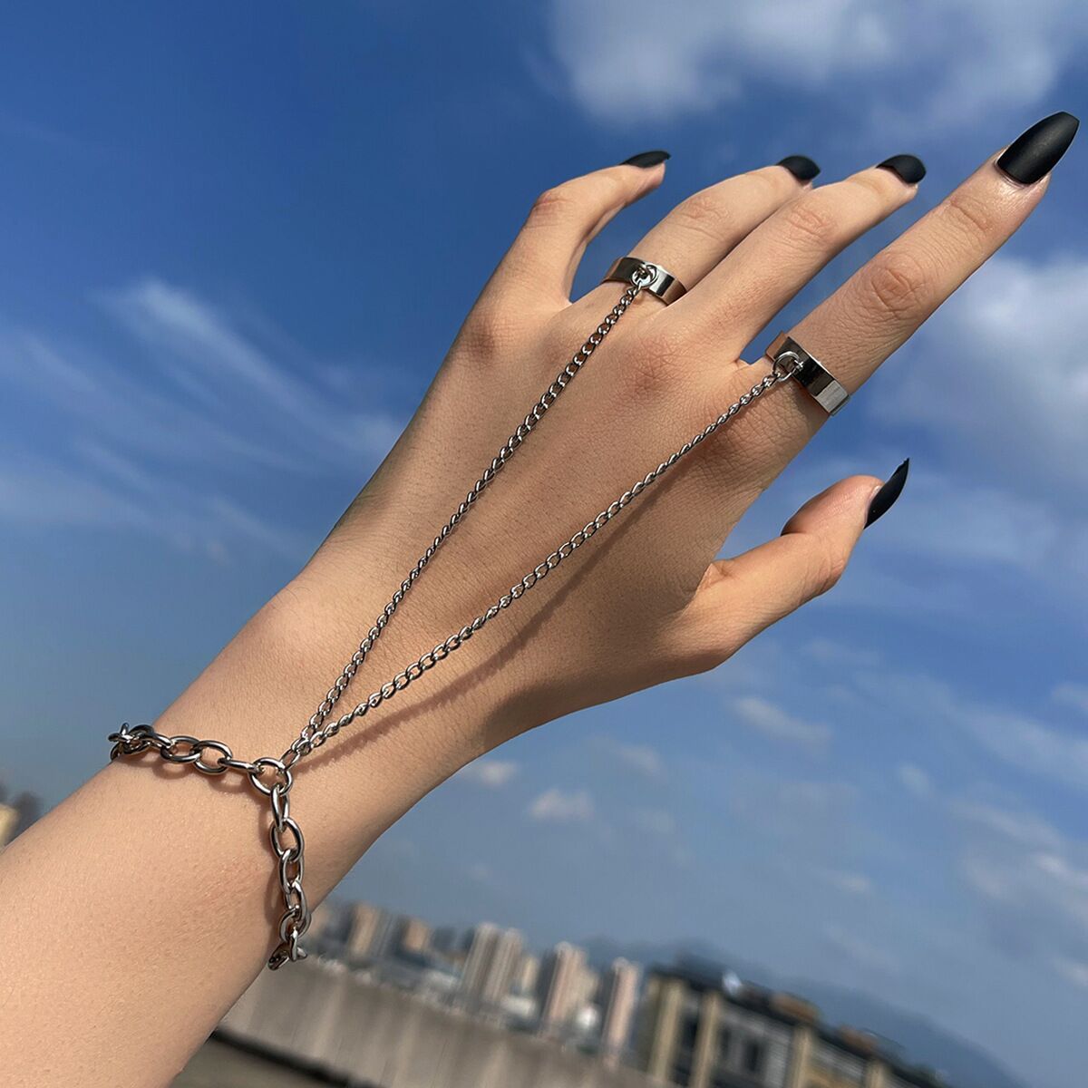 Adjustable Alloy Geometric Chain Bracelet Ring For Women Hand Jewelry Punk Style Electroplated Metal Retro Charm Design
