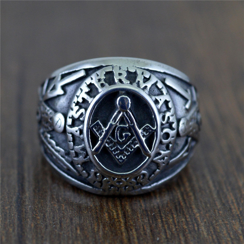 Mens Titanium Steel Masonic Totem Ring Hip Hop Style Jewelry Geometric Letter Pattern Gift Trendy Gift For Him