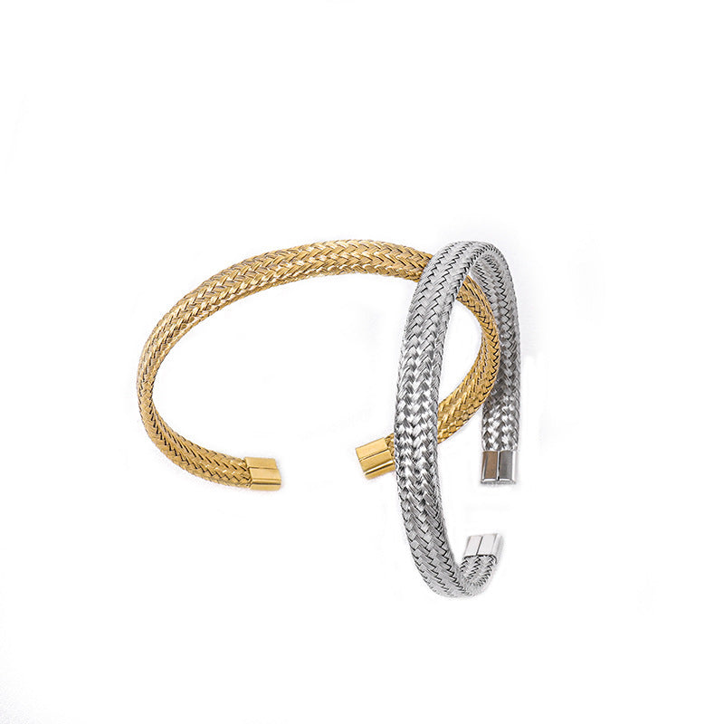 Stainless Steel Woven Bracelet Open Ended Fashion Bangle Electroplated Durable Round Design Accessory Steel And Gold