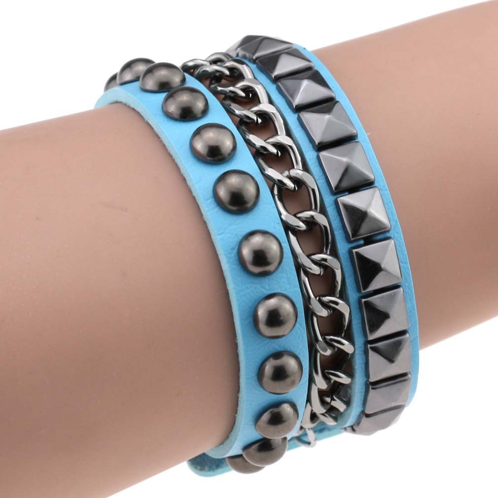 Layered Rivet Leather Bracelet PU Metal Bangle 22cm