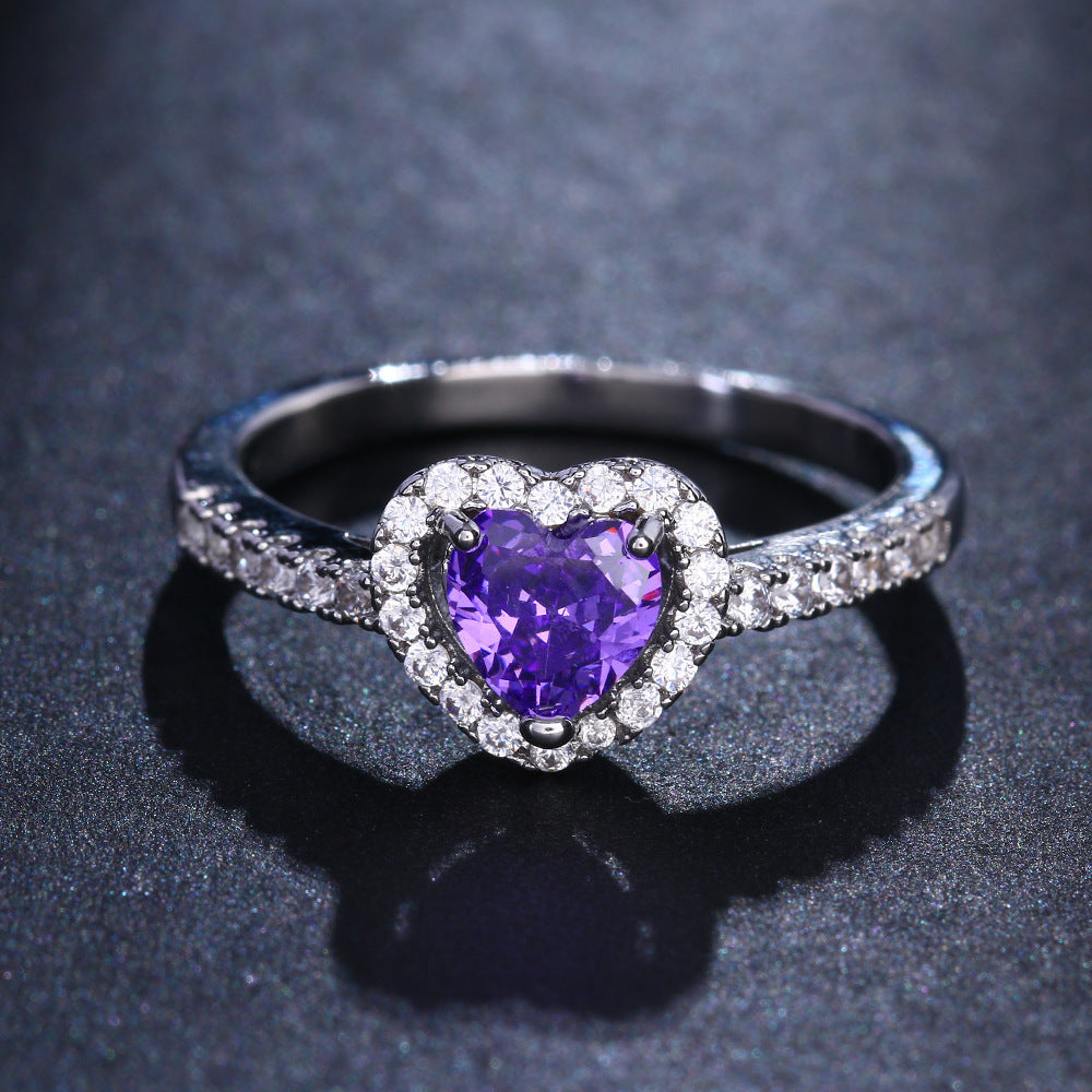 Women's Heart Ring with Emerald Zircon Stone Electroplated Copper Korean Fashion Jewelry Gang Drill Ring for Her Heart Shape Ring Platinum White