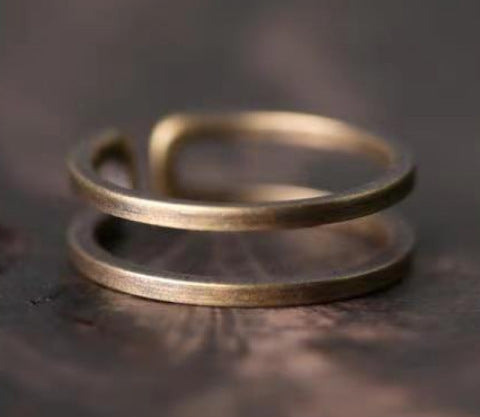 Adjustable Brass Ring With Open Mouth U Shaped Geometry Dotted Pattern Retro Electroplated Finish With Dots Details