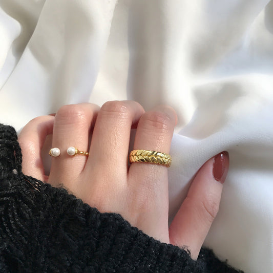 Pearl Cool Style Personality Ring Geometric Copper Gold Tone Adjustable Opening Women Jewelry Sleek Pearl Look