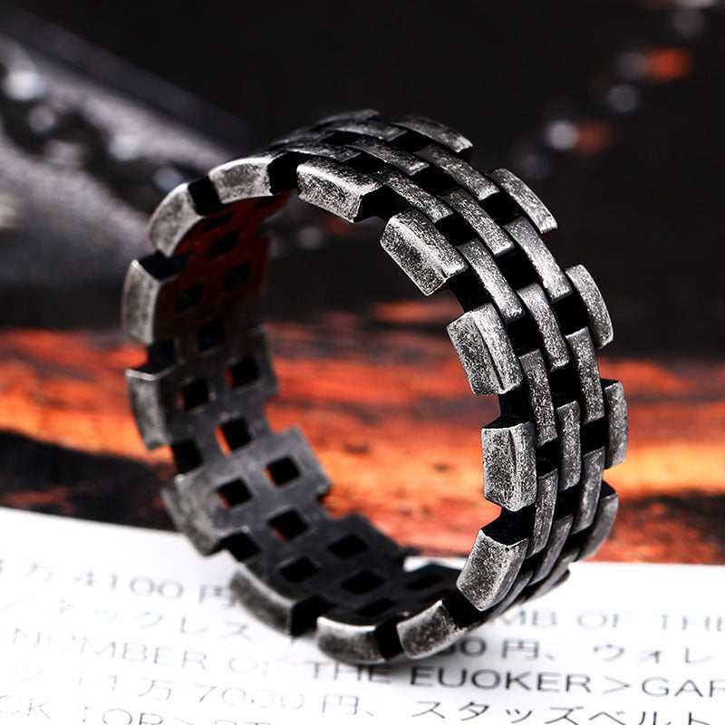 Mens Titanium Steel Hollow Chain Ring 8MmWidth Mens Ring With Modern Steel Color Ancient Black Finish Polished