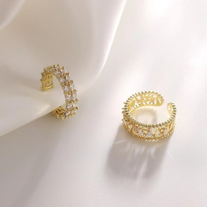 Glittering Hollow Diamond Adjustable Open Ring For Women Copper Electroplated Jewelry Gift Elegant Sparkling Gift