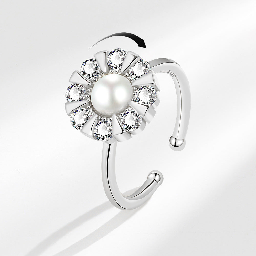 Womens Adjustable Ring With Rotating Zircon Pearl Inlaid Copper Band 13mm Gem Jewelry Fashion Elegant Timeless Piece
