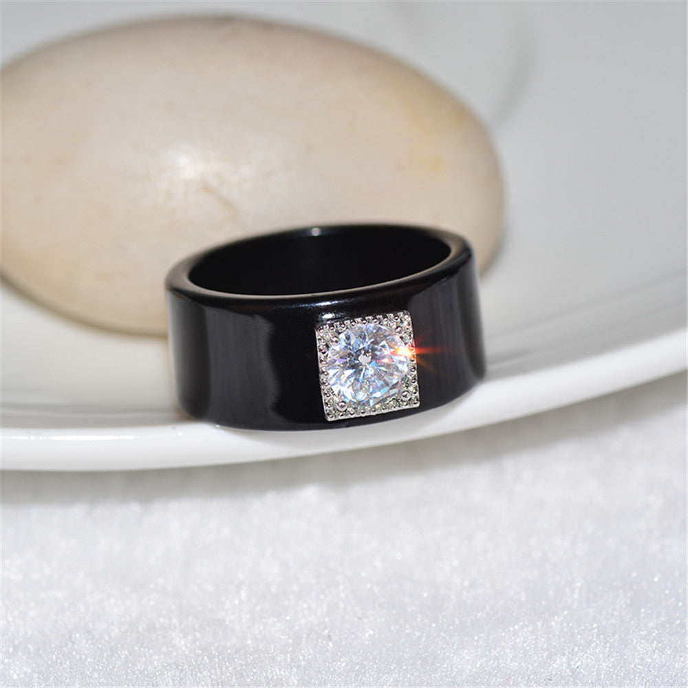 Couple Rings Geometric Alloy Ring Set With Inlaid Zircon Stones Chamfered Square Pattern Elegant Matching Bands Black