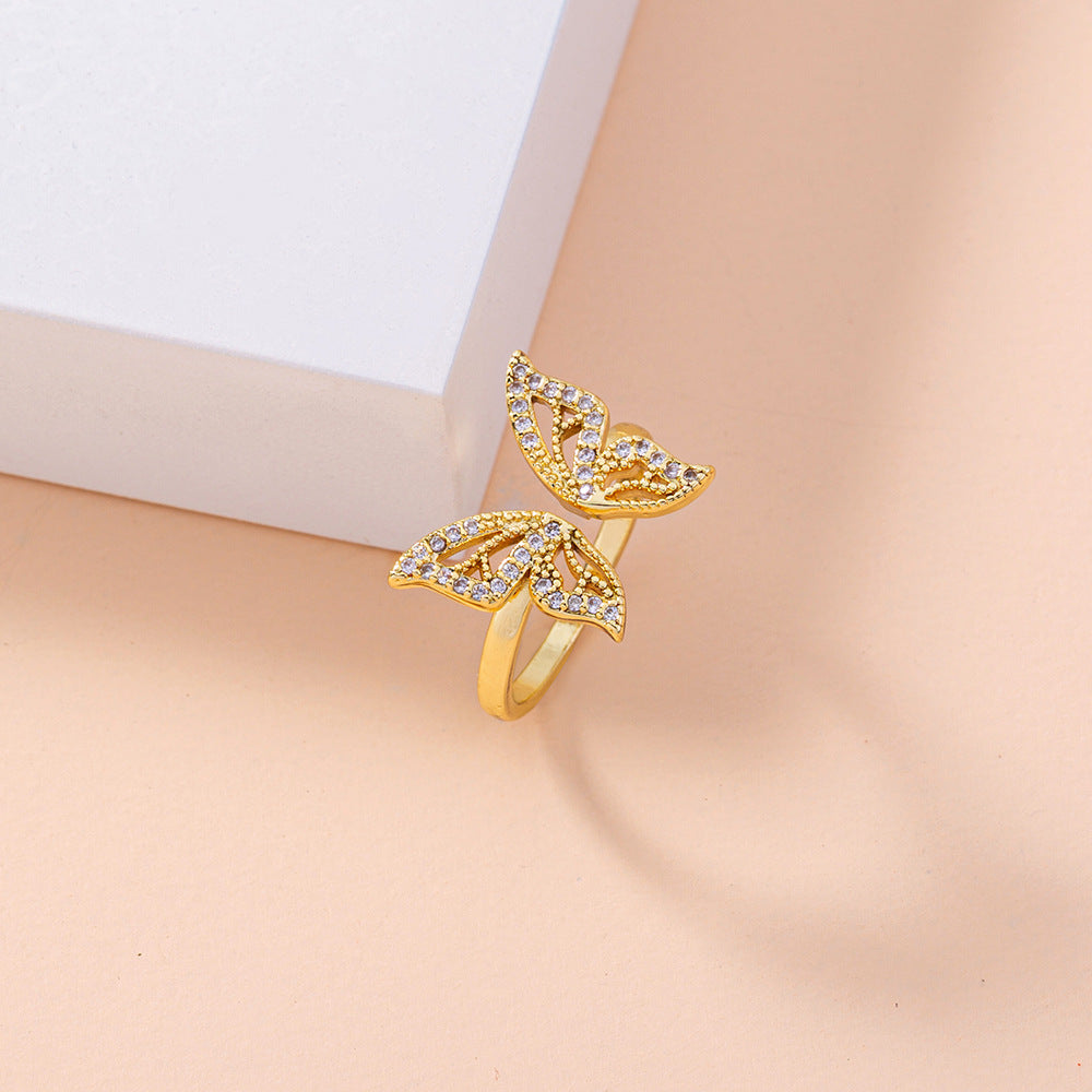 Adjustable Butterfly Copper Ring With Zircon Inlay Geometric Design Women Girls Opening Band Elegant Jewelry Gift