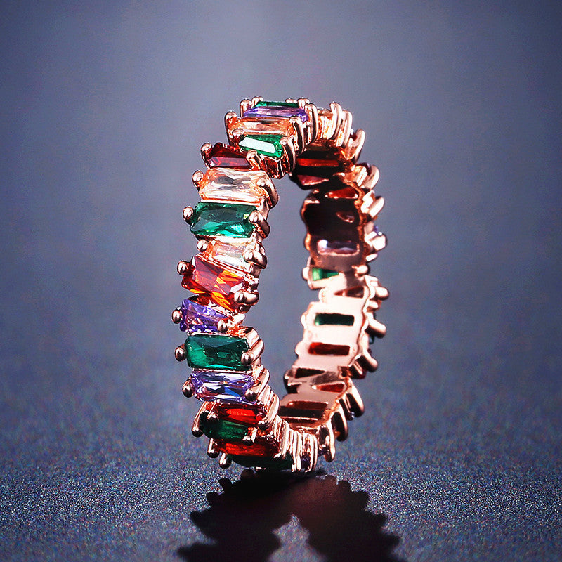 Womens Copper Ring Inlaid Zircon Ladder Design Geometric Square With Gold Inlay Treatment Fashion Jewelry Gift