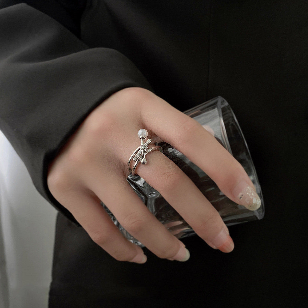 Copper Adjustable Open Ring With Geometric Design Pearl Elements Electroplated Fashion Jewelry For Women Shines