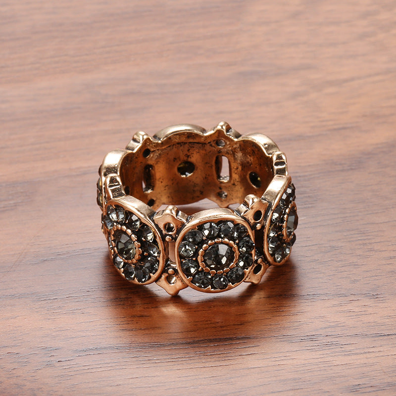 Womens Bohemian Geometric Ring In Antique Gold Plated Alloy With Inlaid Gemstones Vintage Electroplated Sparkle Finish