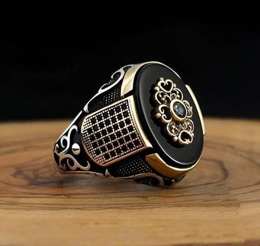 Mens Geometric Ring Antique Silver Alloy Inlaid Gemstone Accent Birthday Gift European American Design Metal