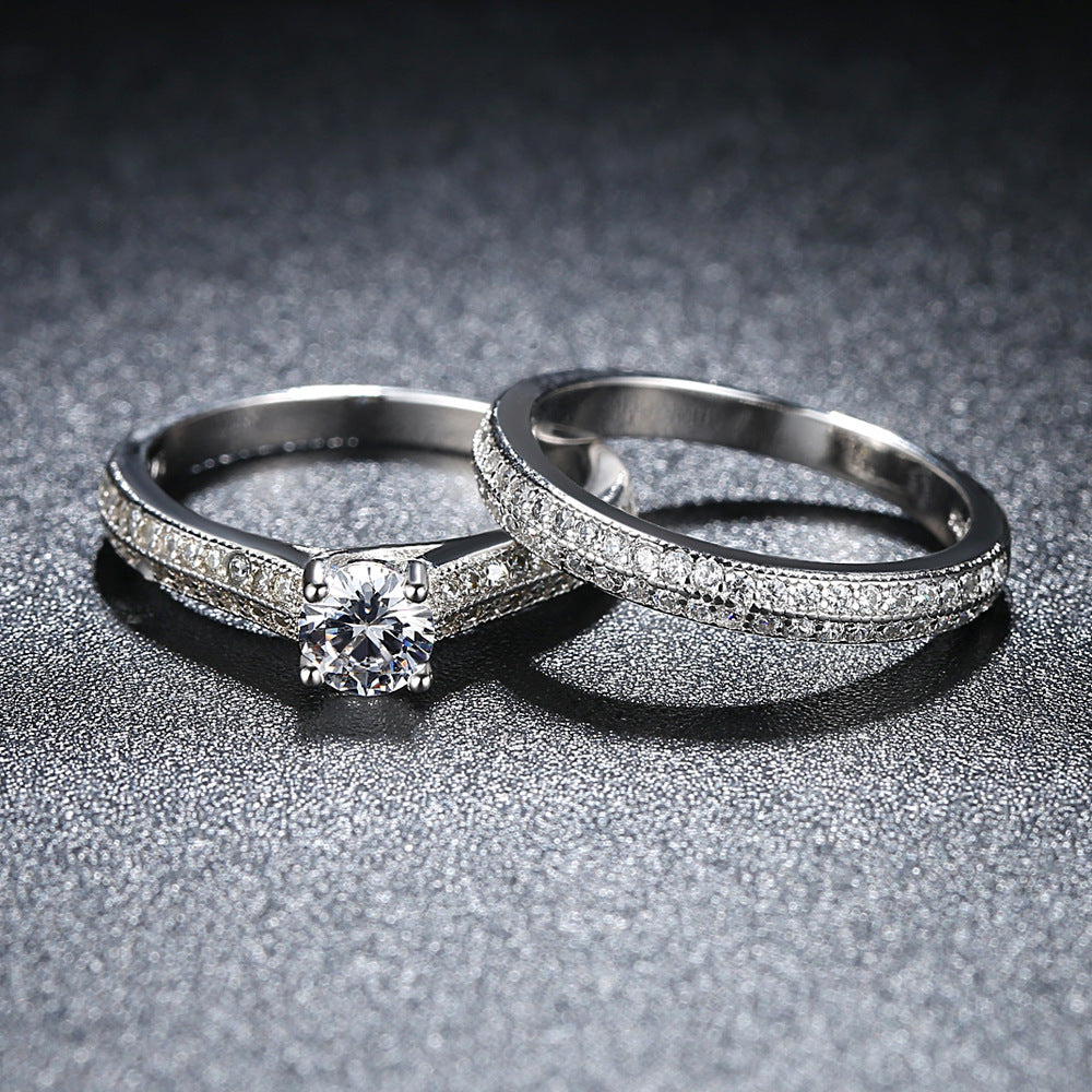 Couples Zircon Ring Four Prong Micro Inlaid Geometric Electroplated Metal Promise Engagement Anniversary Gift Ring