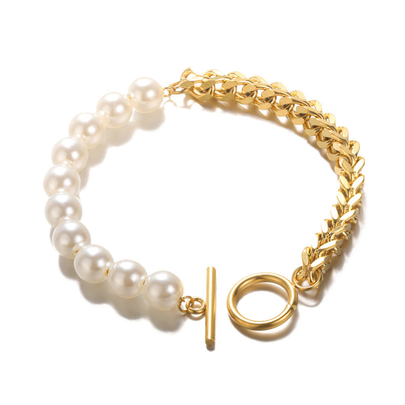 Womens Stainless Steel Bracelet With Pearl Inlay Geometric Design Gold Finish Or Platinum Finish Modern Look 2