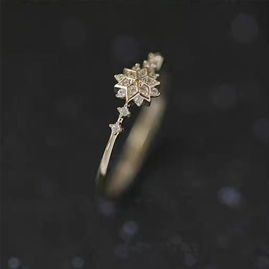 Womens Floral Ring With Artificial Gems Inlay Electroplated Golden Finish Snowflake Design Jewelry Gift AJZ897