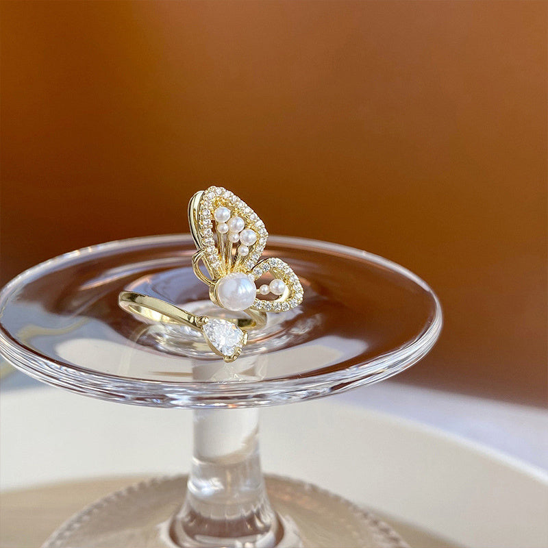 Womens Butterfly Wing Pearl Ring Adjustable Gold Plated Copper Elegant Fashion Jewelry Birthday Gift Gem Stone