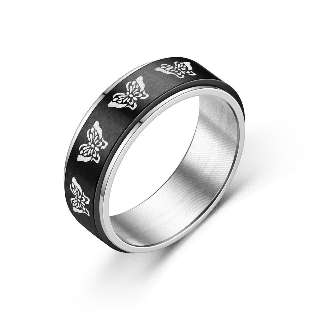 Rotatable Titanium Steel Butterfly Couple Rings With Pattern Electroplated Metal Design Jewelry Everyday Style