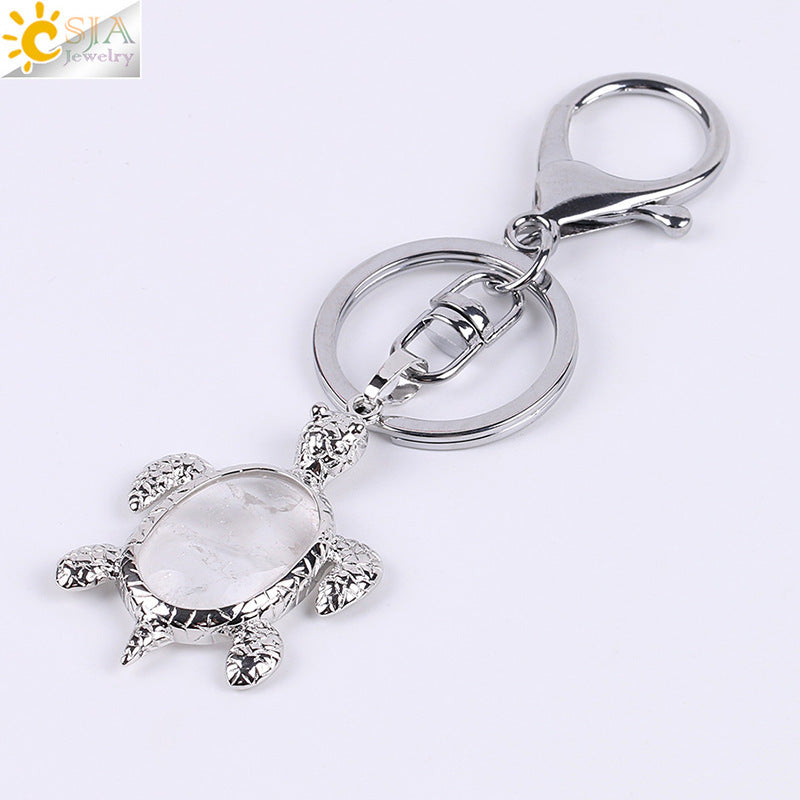 Natural Stone Keychain Bird Turtle Shape Accessory For Keys Bags White Crystal Turquoise Opal Pink Bead Accent