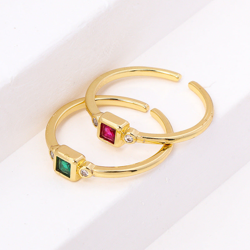 Geometric Square Zircon Ring With Green And Rose Red Inlays