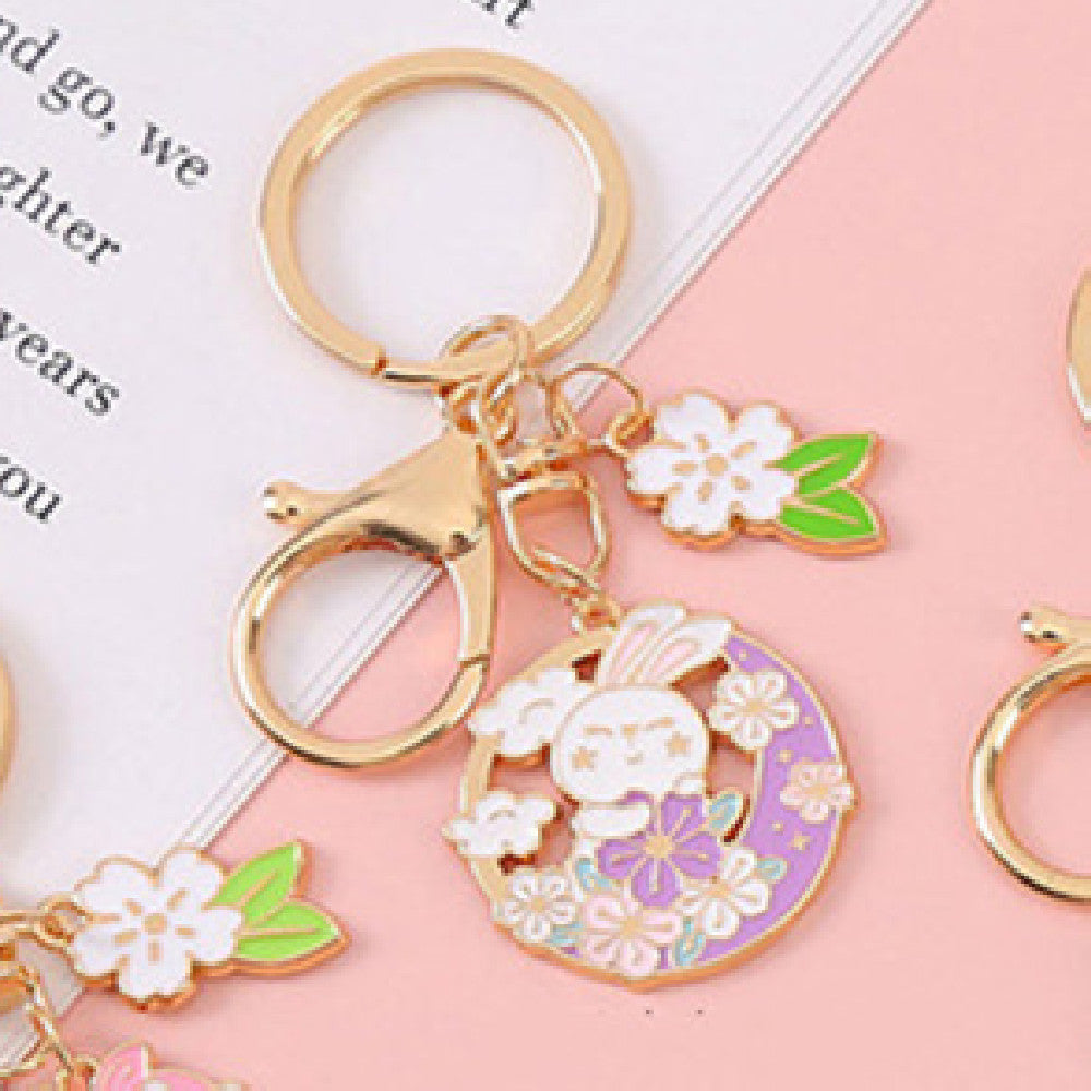 Rabbit Keychain Cartoon Keyring With Cherry Blossom Decoration Flower And Leaf Design Alloy Key Trendy Keyring
