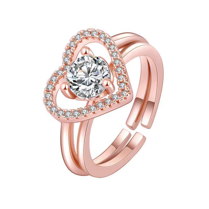Womens Two In One Love Ring Set Adjustable Alloy Ring With Zircon Inlay Rhinestone Decor Gift For Her Everyday