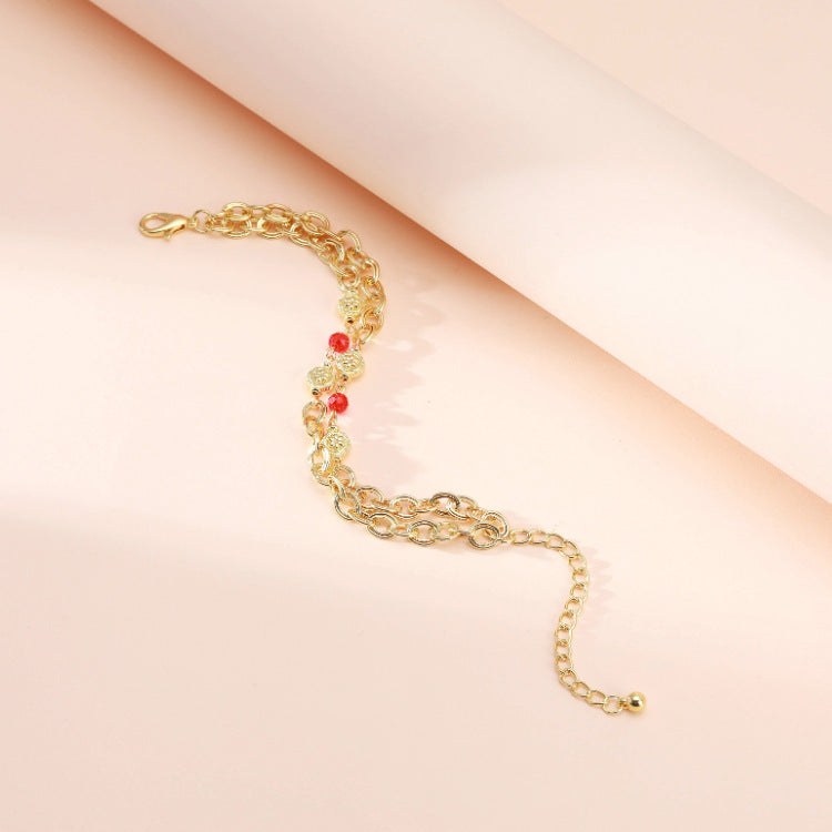 Womens Crystal Bead Bracelet Adjustable Polished Metal Jewelry With Lobster Clasp Geometric National Ethnic Design