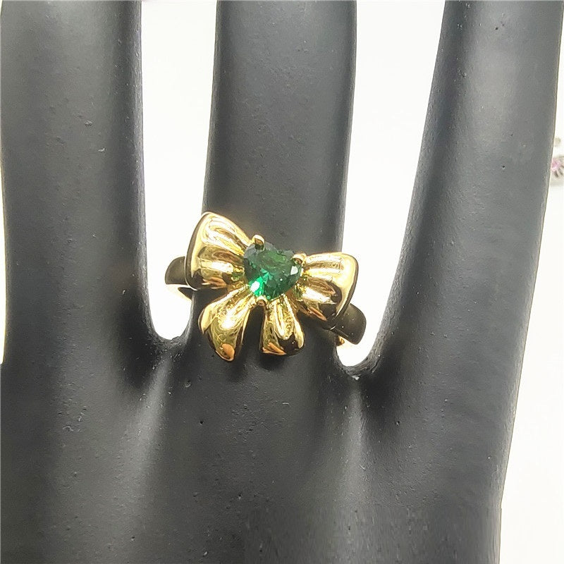 Womens Adjustable Ring Emerald Heart Zircon Bow Copper