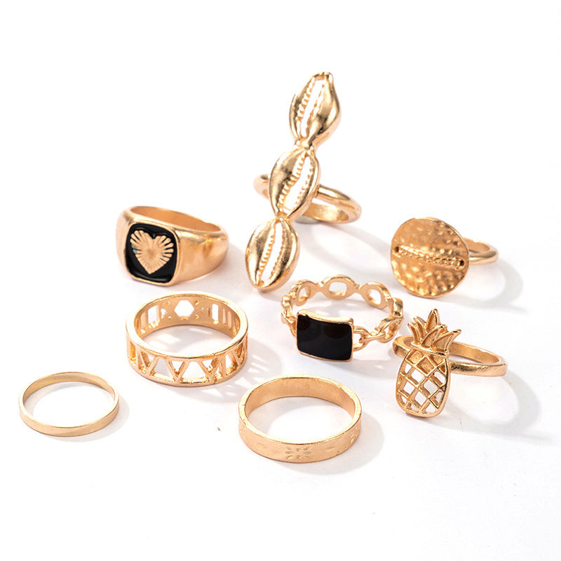 Womens Fashion Rings Set of 8 Alloy Black Heart Pineapple Shell Geometric European American Rings Rings Set of