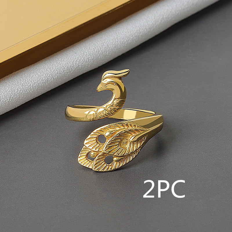 Womens Adjustable Copper Ring Peacock Inlaid Gem Electroplated Retro Design Ring For Women With Colorful Gem Inlays