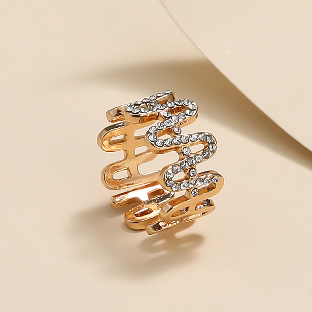 Womens Adjustable Wave Ring Open Design Alloy Diamond Gift