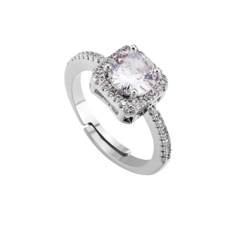 Womens Adjustable Ring Open Square Design With Diamond Accent Copper And White Gold Finish For Everyday Wear Casual