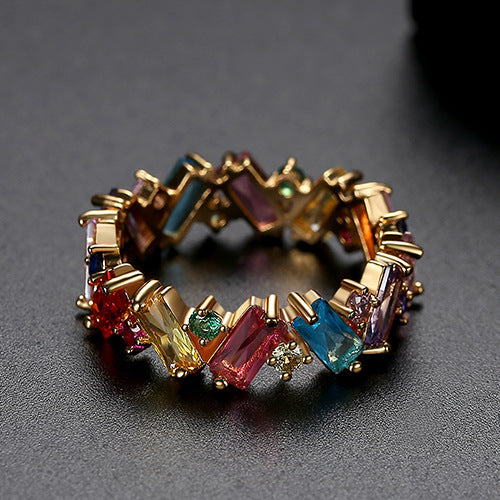 Rainbow Zircon Geometric Ring for Women Copper Base with Colorful Stones and 18K Plating Shiny Finish Ring Size 6 7 8 9