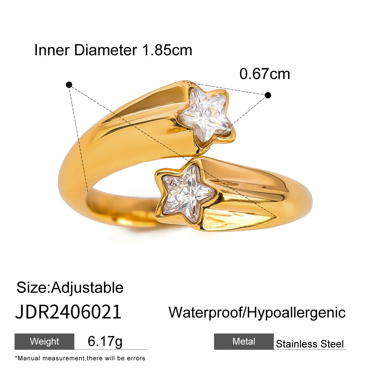 Unisex 18K Gold Plated Stainless Steel Ring With Zircon Open End Geometric Line Design Electroplated Jewelry XL