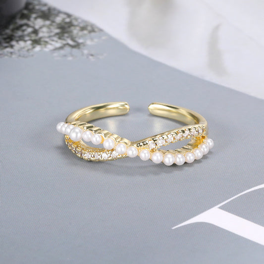 Golden Brass Pearl Temperament Cross Finger Ring Adjustable