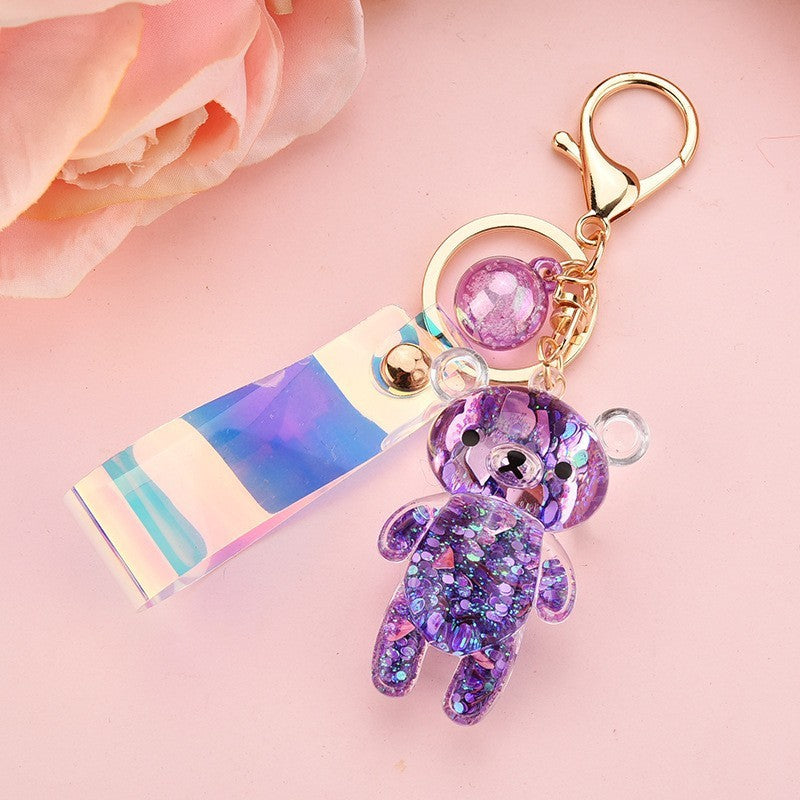Oil Filled Bear Keychain Cute Animal Keyring Acrylic Bag Charm for Backpacks Purses Colorful Pendant Accessory