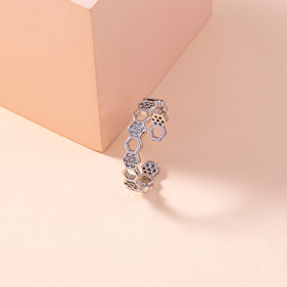 Adjustable Zircon Honeycomb Ring Copper Electroplated Micro Inlaid European American Fashion Jewelry Statement