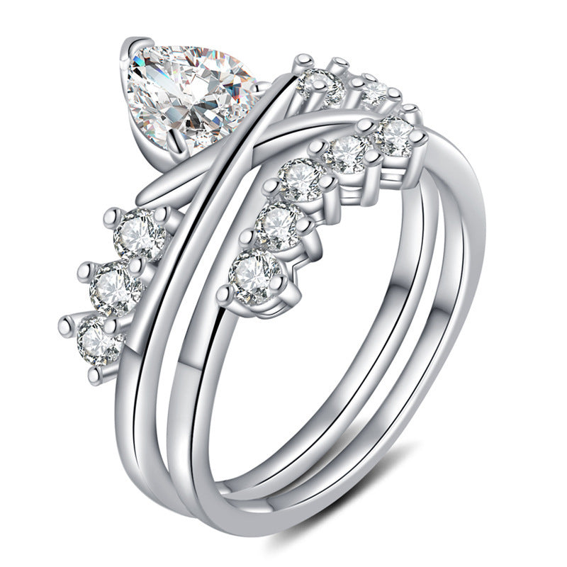 Heart Shaped Couple Rings Gold Plated Alloy Bands With Gems Inlays And Platinum Finish Jewelry Anniversary Gift
