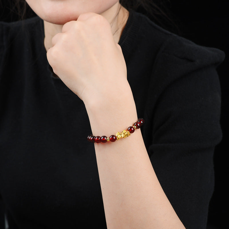 Womens Garnet Pixiu Glass Bracelet With Metal Elements National Design Animal Zodiac Jewelry Anti Fatigue Gift