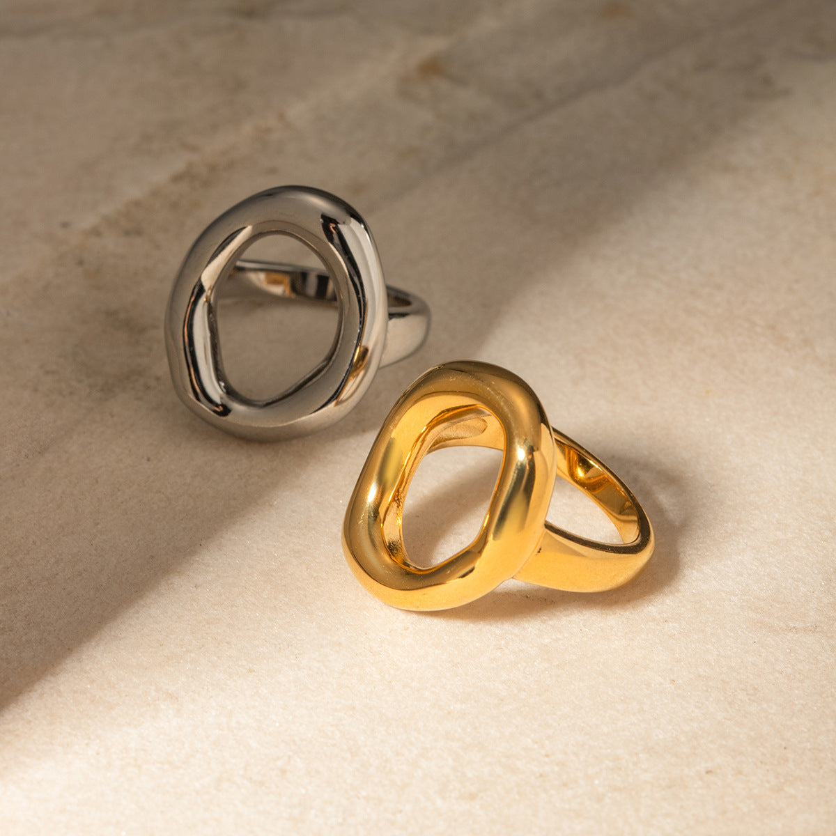 Women's Stainless Steel Ring 18K Gold Plated Oval Hollow Closed Band Trendy Wave Design Ins Fashion Jewelry Gift for Her