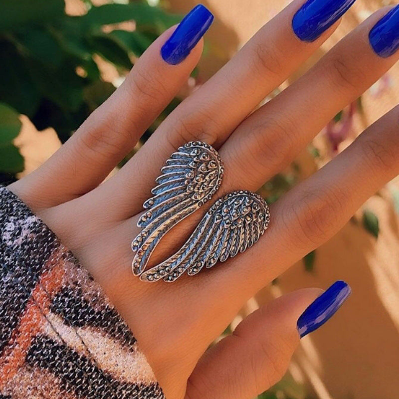 Geometric Wing Ring For Women Silver Aluminum Alloy Electroplated Fashion Jewelry Retro Hip Hop Punk Ring Solo