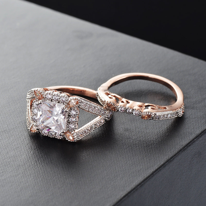 Two Piece Ring Set for Women Fashion Jewelry Copper Ring with AAA Zircon Stones Polished Surface Elegant Girls Everyday
