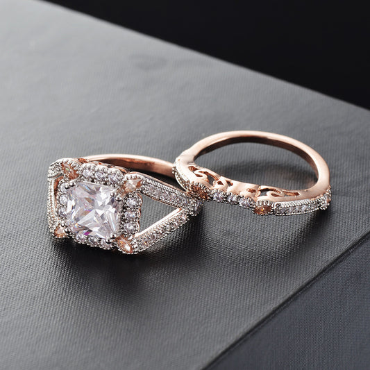 Two Piece Ring Set for Women Fashion Jewelry Copper Ring with AAA Zircon Stones Polished Surface Elegant Girls Everyday