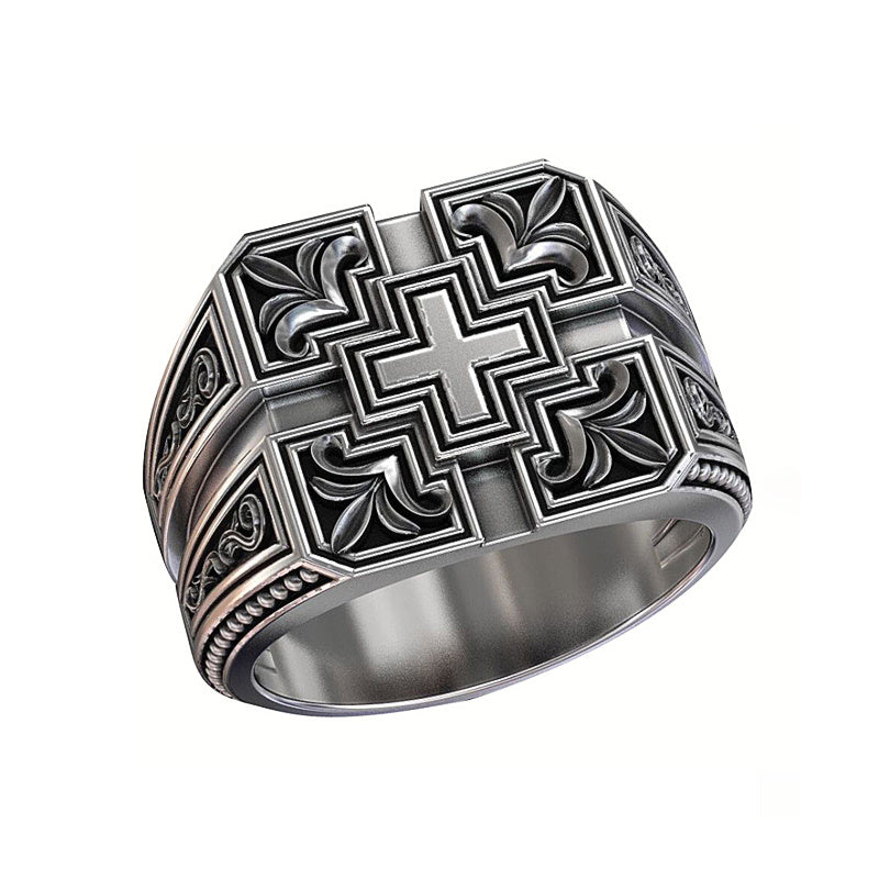 European And American Retro Carved Christian Mens Ring Plated Copper Finish Silver Tone Jewelry Fashion Accessory