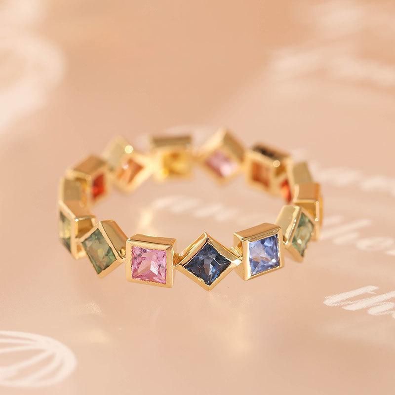 Gold Plated Geometric Ring Colorful Crystal Inlays Rainbow Jewelry For Women Durable Elegant Accessory Classic