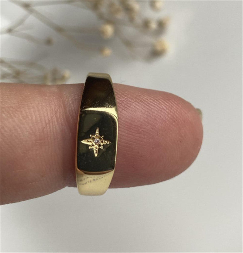 Unisex Stainless Steel Ring With 18k Gold Inlay Six Pointed Star Seal Fashion Ring Letters Numbers Text Design