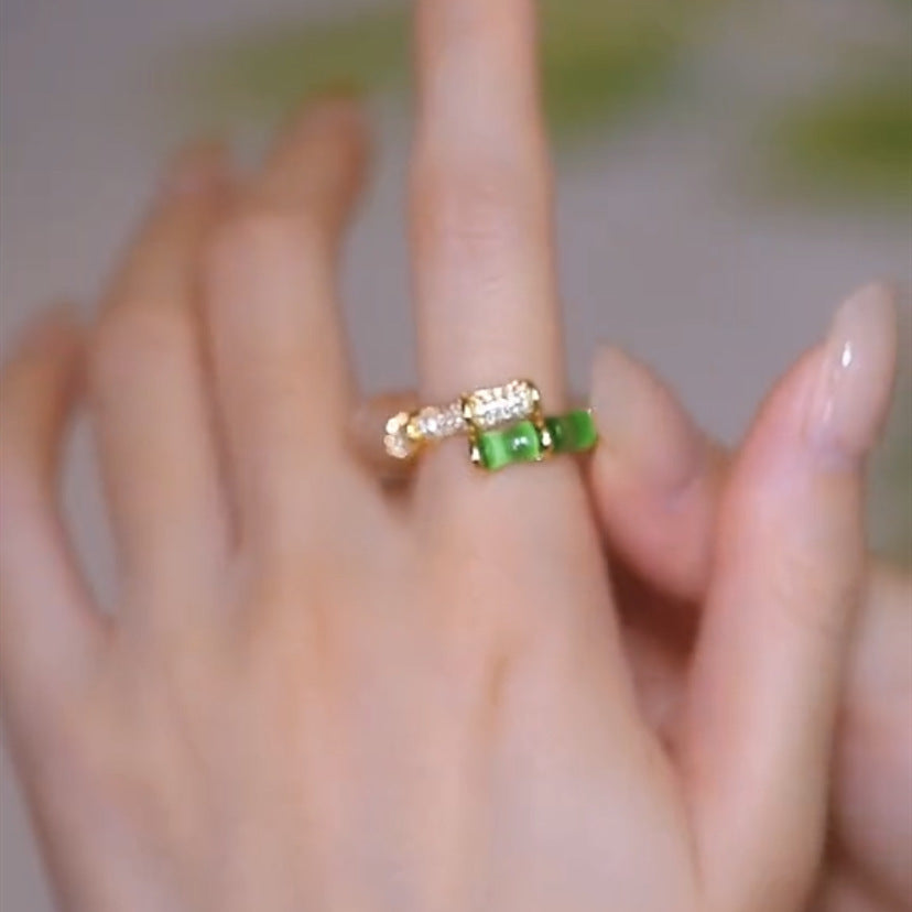 Green Bamboo Open Ring Chinese Style Gold Plated Copper Zircon Inlaid Exquisite Elegant Jewelry Gift For Her Alluring